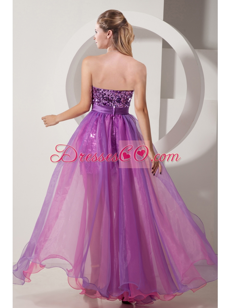 Purple and Pink Column High Low Bow knot Sequins Prom Dress