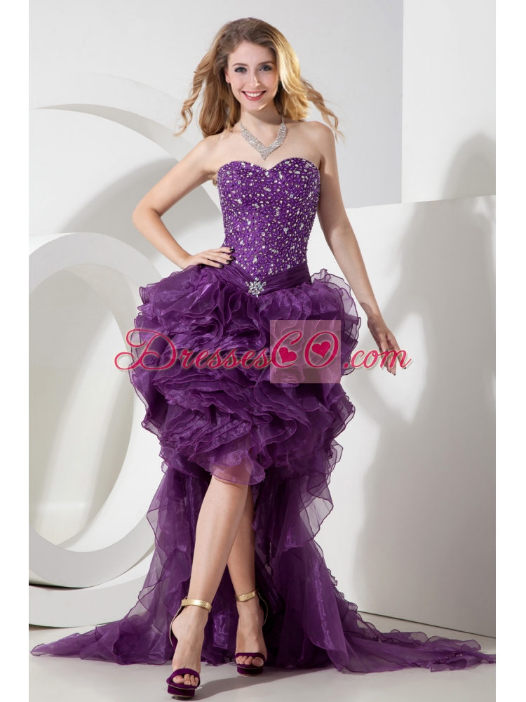 Unique Purple High Low Beading Organza Evening Dress with Brush Train