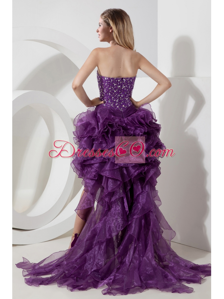 Unique Purple High Low Beading Organza Evening Dress with Brush Train