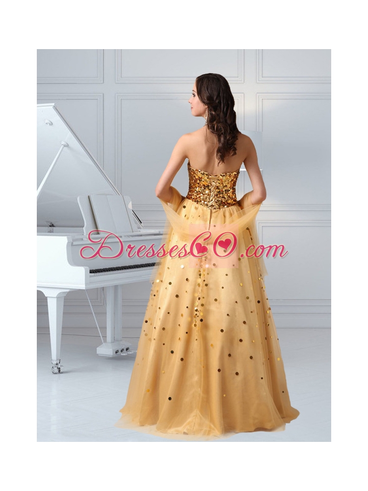 A Line Sequins and Tulle Prom Dress in Gold