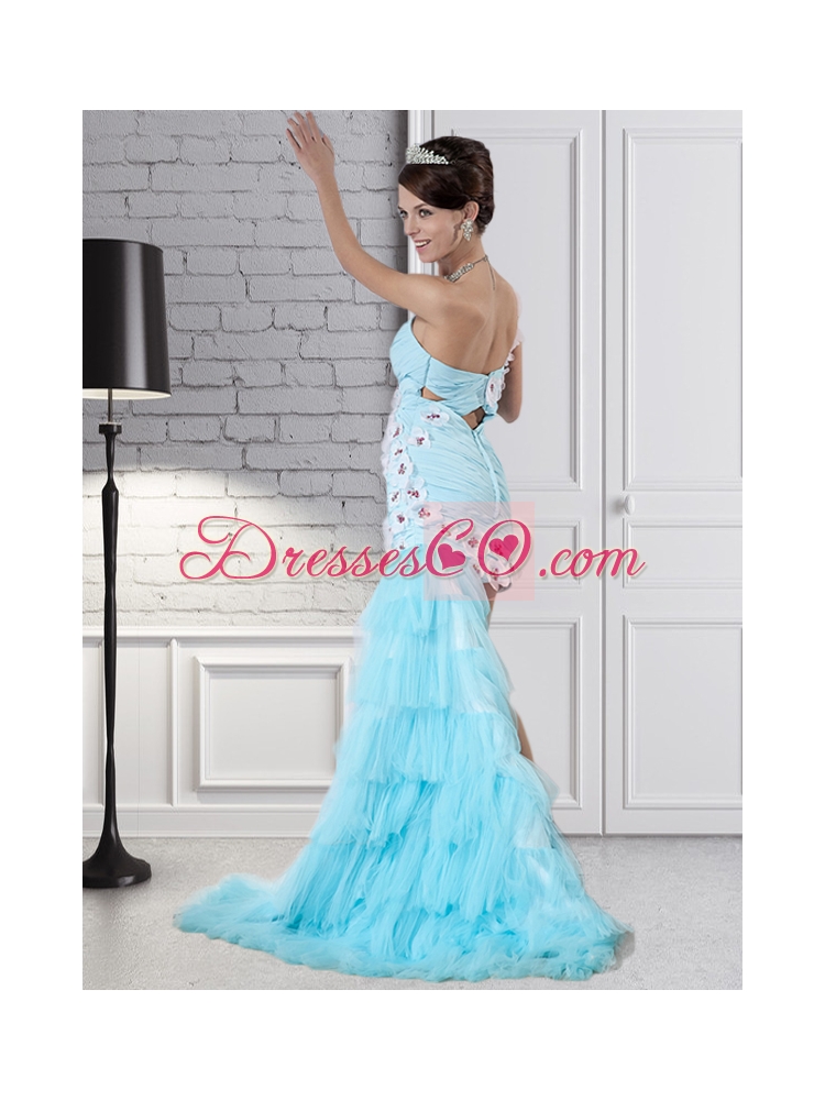 Aqua Blue Column One Shoulder High Low Beading Prom Dress