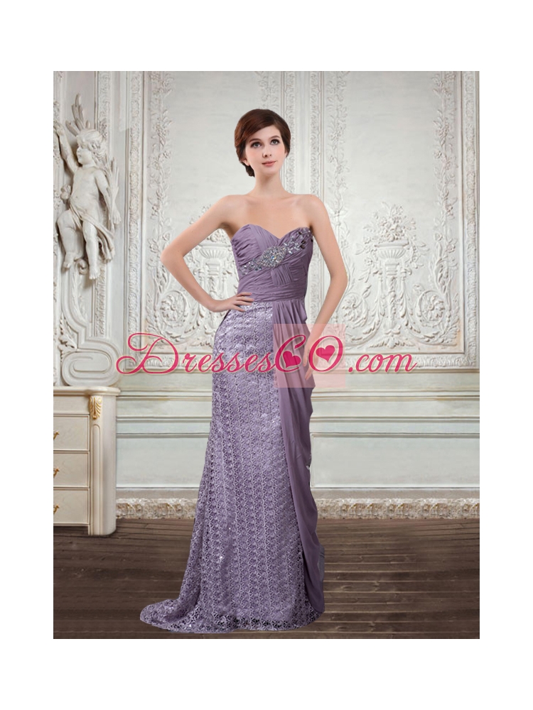 Column Special Fabric and Chiffon Prom Dress with Beading and Brush Train