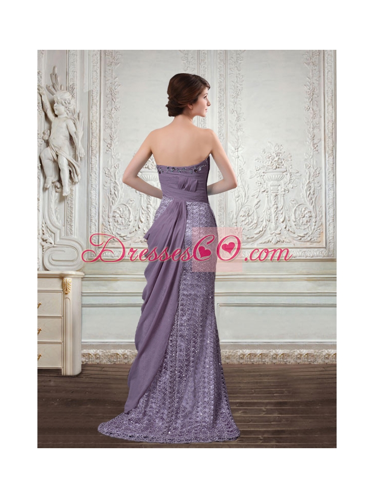 Column Special Fabric and Chiffon Prom Dress with Beading and Brush Train