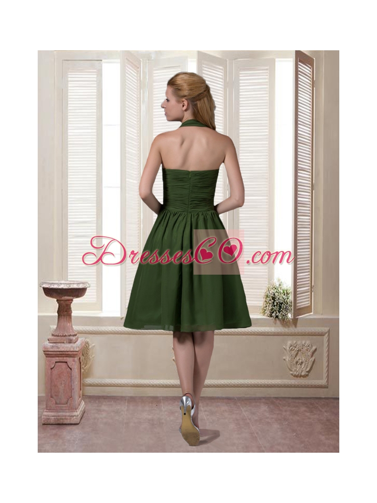 Dark Green Halter Top Chiffon Sleeveless Prom Dress with Ruching