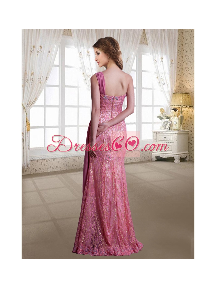 Exclusive Rose Pink Chiffon One Shoulder Column Prom Dress with Floor Length and Beading