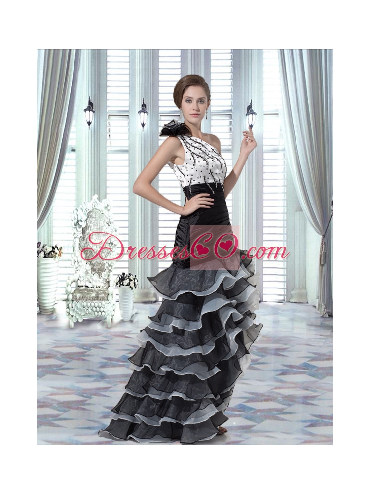 High Low One Shoulder Prom Dress with Beading and Ruffled Layers