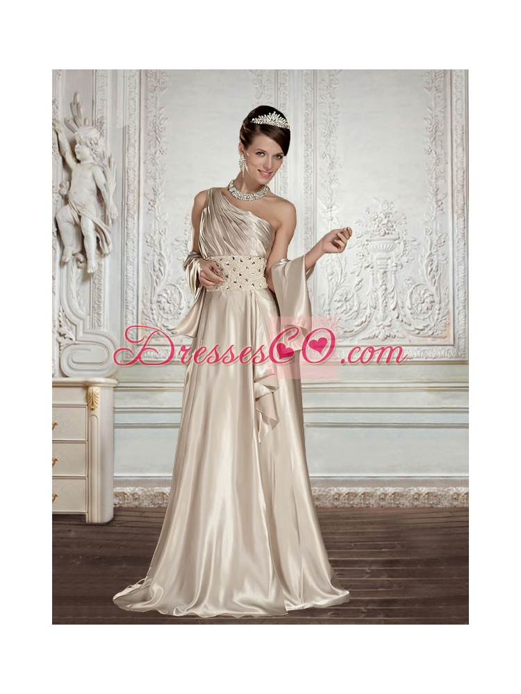 One Shoulder Empire Champagne Prom Dress with Beading