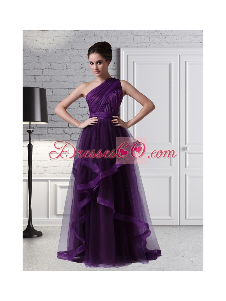 One Shoulder Tulle Empire Purple Ruching Romantic Prom Dress
