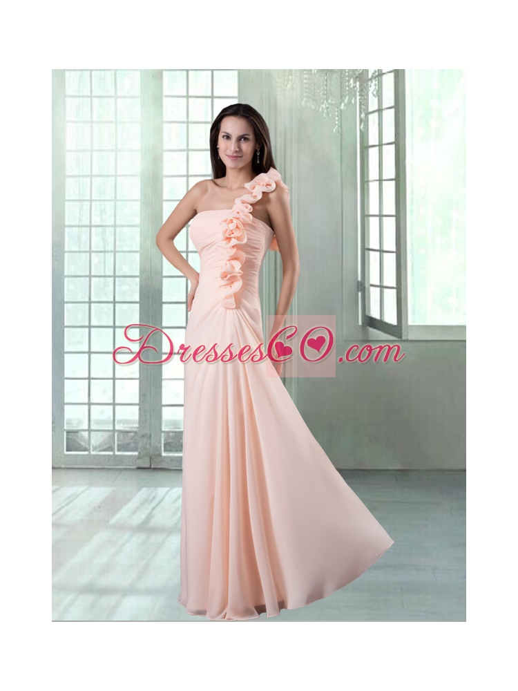 Peach One Shoulder Floor Length Prom Dress with Hand Made Flowers