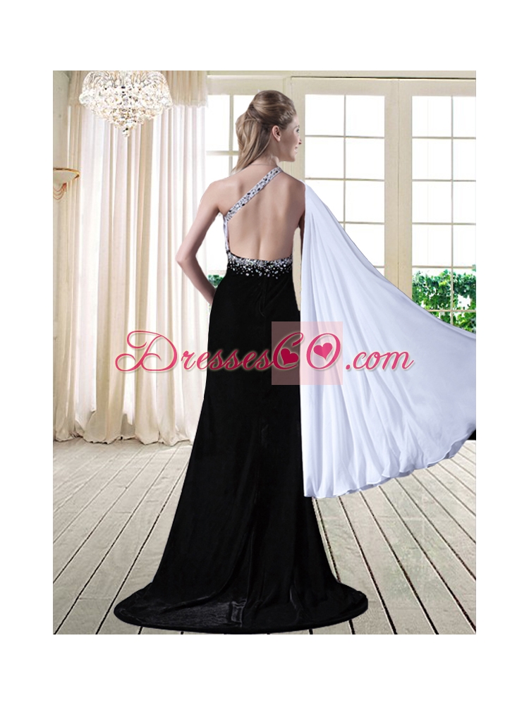 Popular White and Black Beaded Evening Dress with One Shoulder and Brush Train