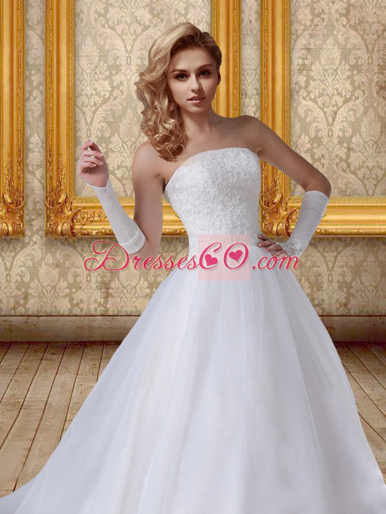 Lace Chapel Train Ball Gown Wedding Dress with Strapless