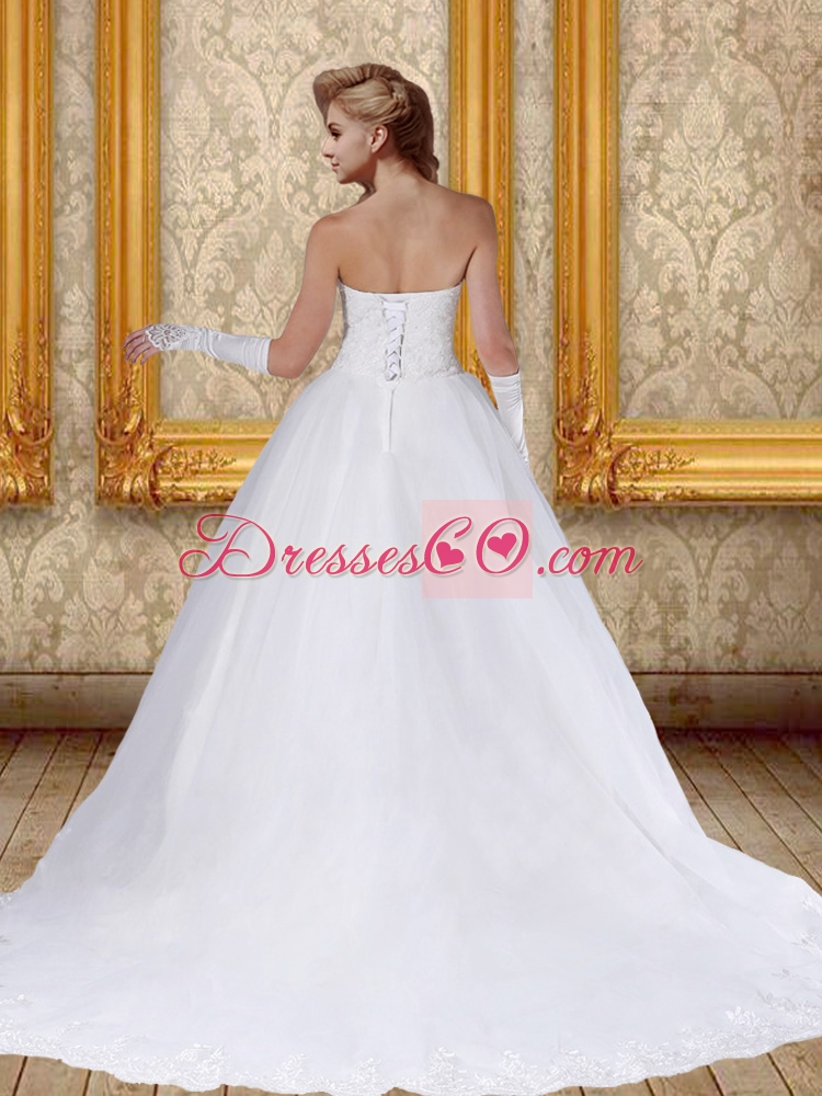 Lace Chapel Train Ball Gown Wedding Dress with Strapless
