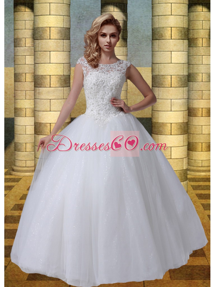 Scoop A Line Cap Sleeves Wedding Dress with Appliques