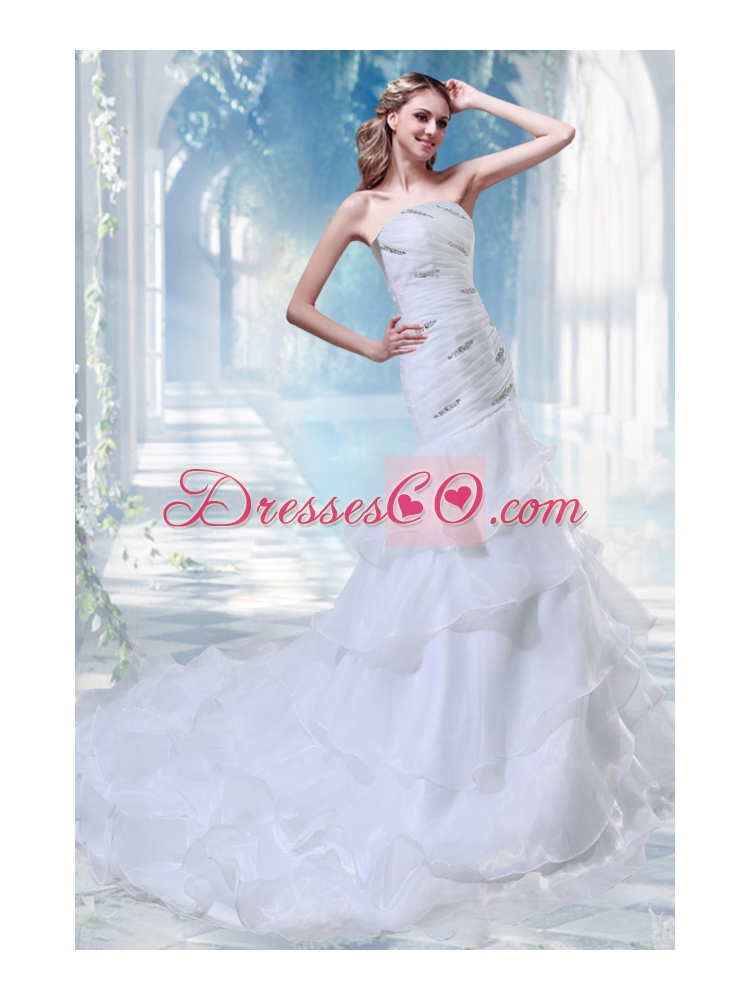 Beautiful Mermaid Strapless Beading Chapel Train Wedding Dress