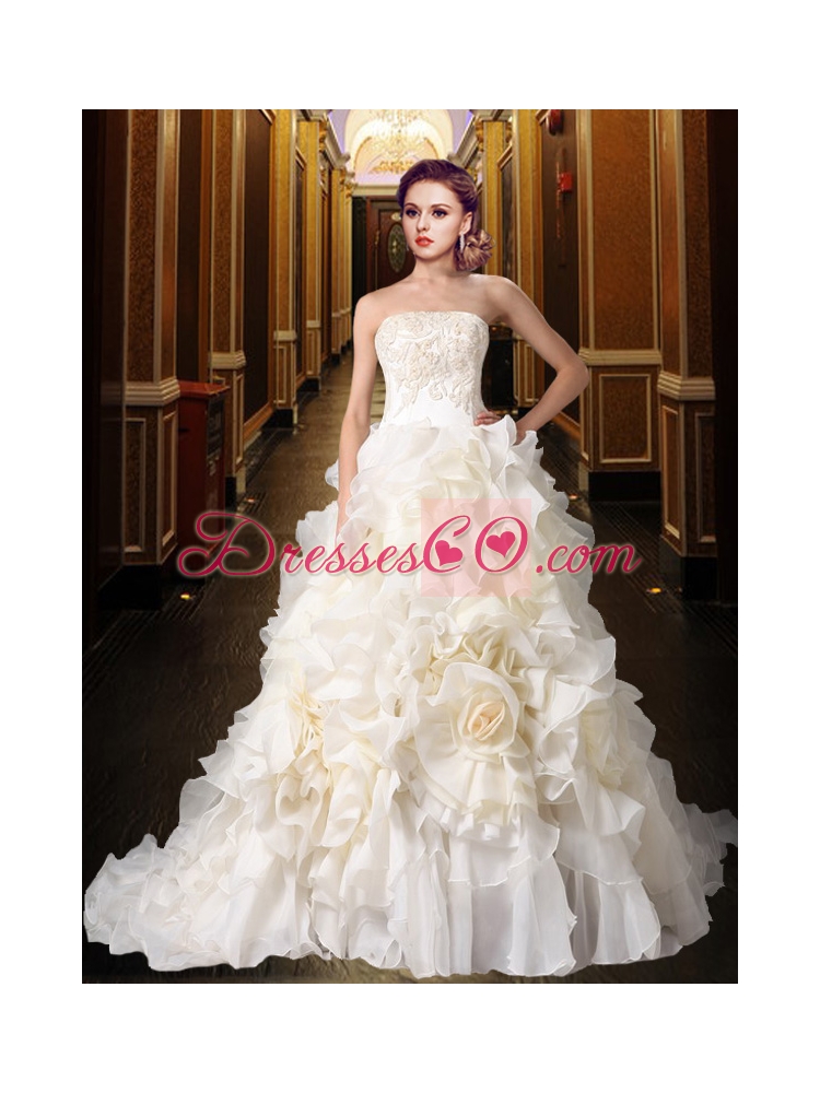 Gorgeous Princess Strapless Ruffles  Wedding Dress with Chapel Train