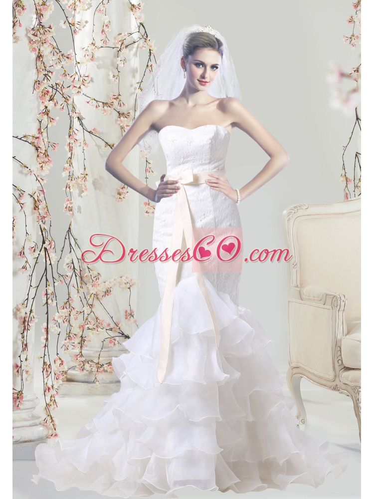 Mermaid Lace Wedding Dress with Sash and Ruffles Layered for