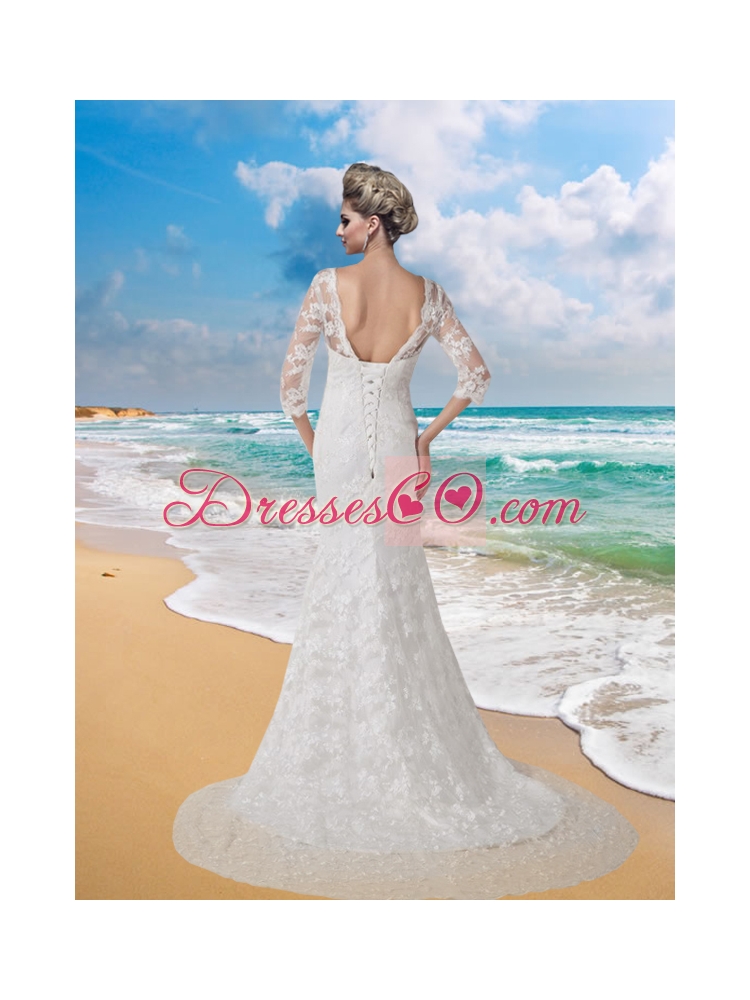 Mermaid V Neck Half Sleeves Wedding Dress with Brush Train