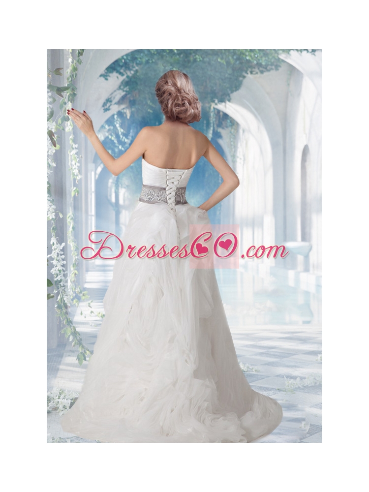 Pretty Strapless Brush Train Beading Wedding Dress