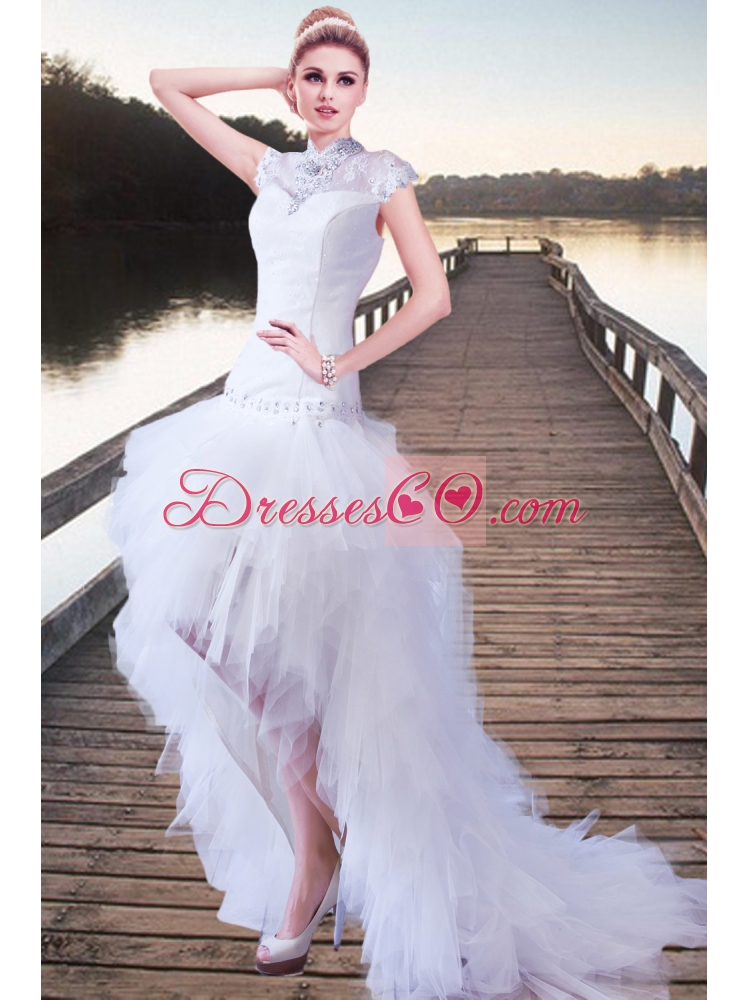 Fashionable A Line High Neck Beading Wedding Dress with High Low for