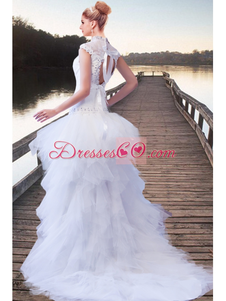 Fashionable A Line High Neck Beading Wedding Dress with High Low for