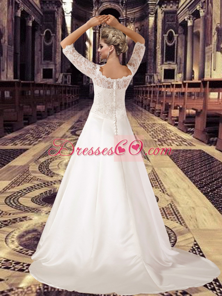 Off Shoulder 3/4 Length Sleeves Lace Wedding Dress