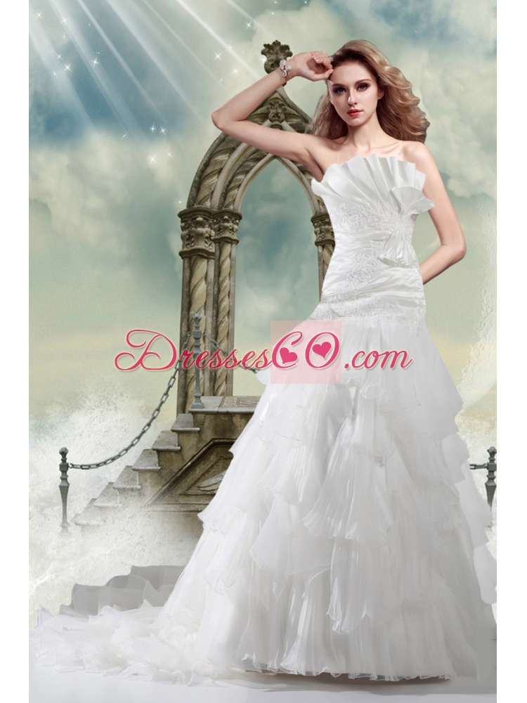 A Line Court Train Appliques Wedding Dress with Strapless