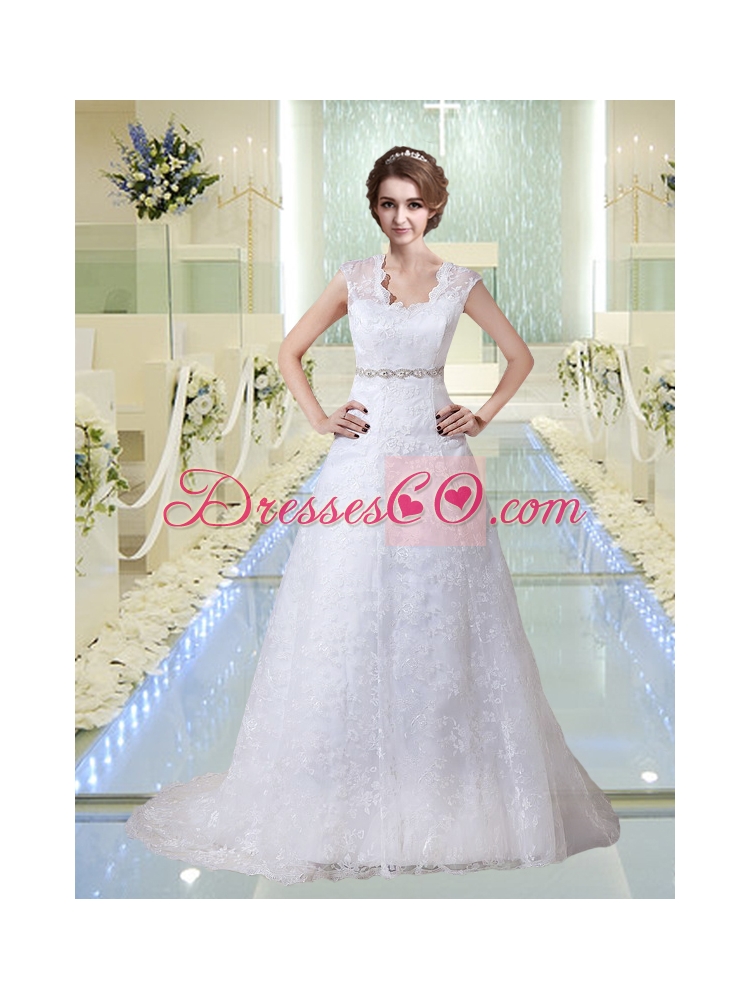Elegant Lace V Neck Beading Wedding Dress with Court Train
