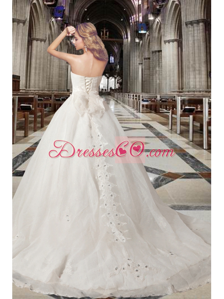 Romantic Princess Strapless Chapel Train Wedding Dress with Beading
