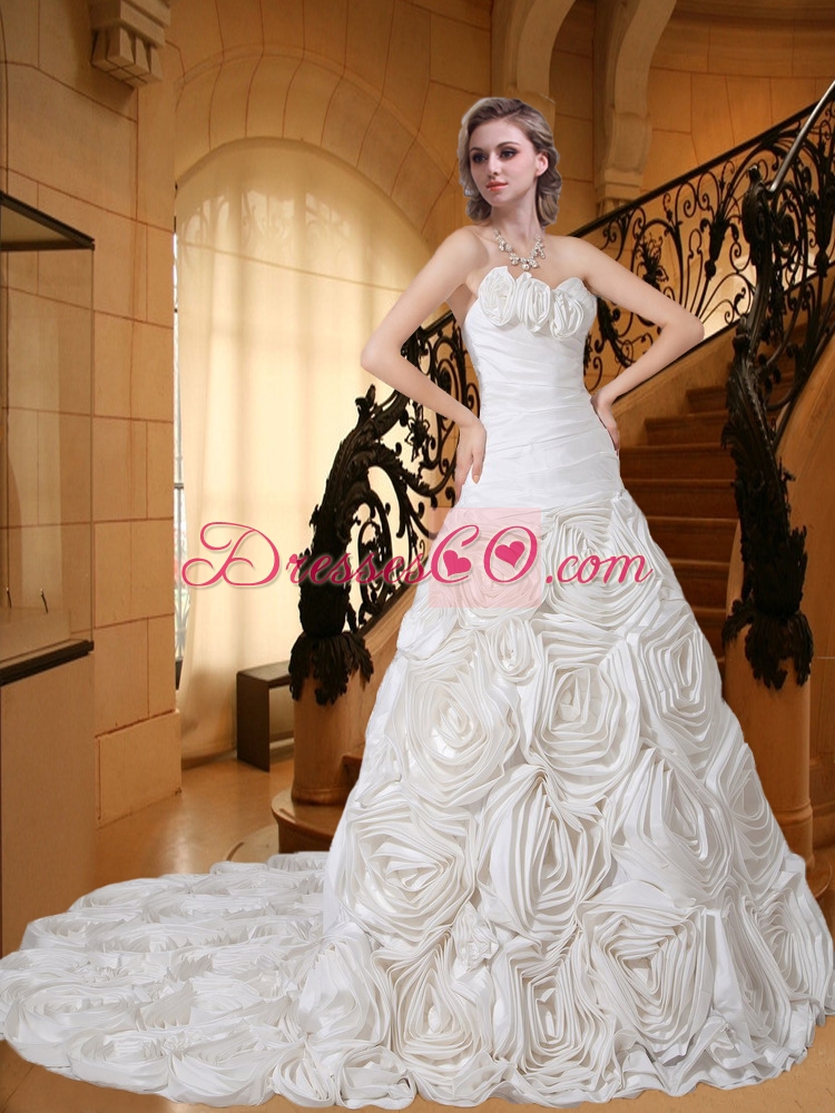 Beautiful Court Train Fabric With Rolling Flowers Ruching Wedding Dress