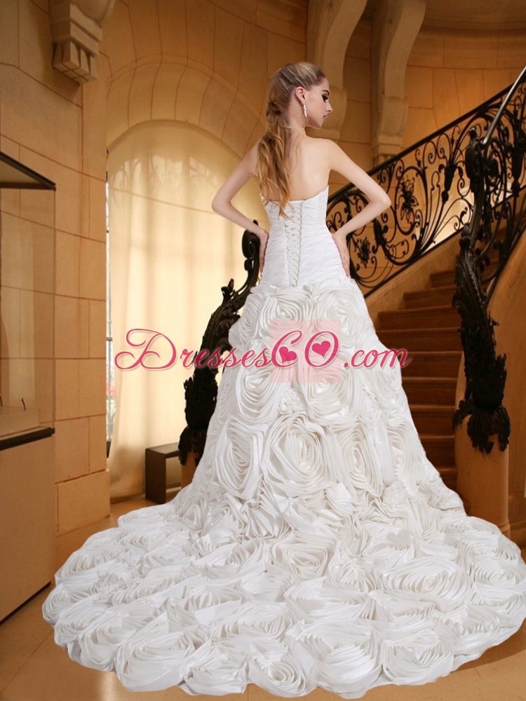 Beautiful Court Train Fabric With Rolling Flowers Ruching Wedding Dress