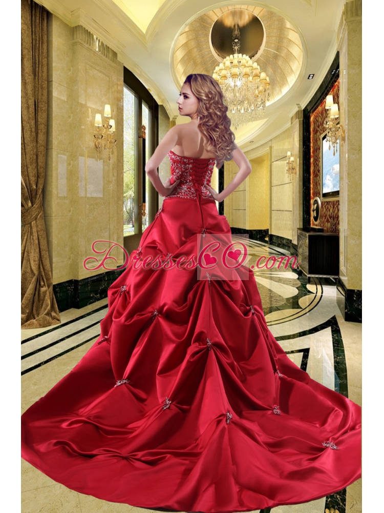 Chapel Train Princess Embroidery Wedding Dress in Wine Red for