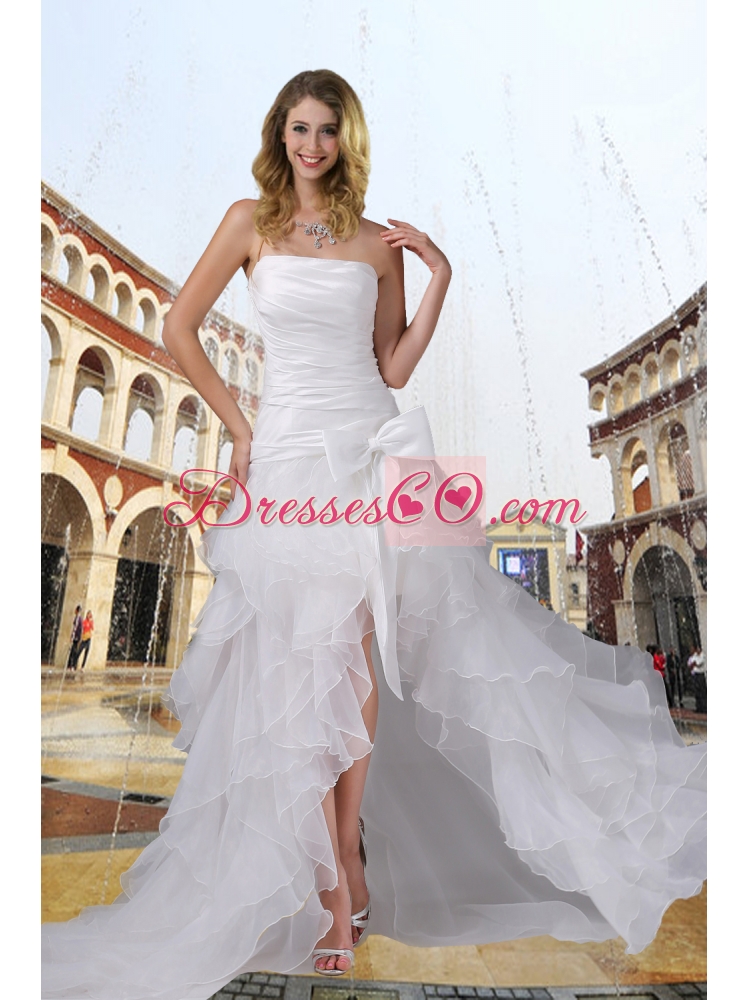 Cheap Strapless High Low Ruching Bowknot Wedding Dress for