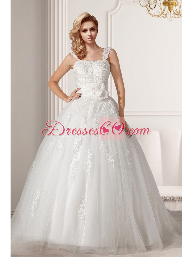 Cute A Line Straps Court Train Wedding Dress with Appliques for