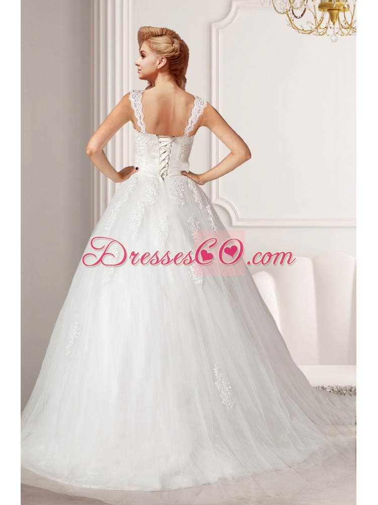 Cute A Line Straps Court Train Wedding Dress with Appliques for