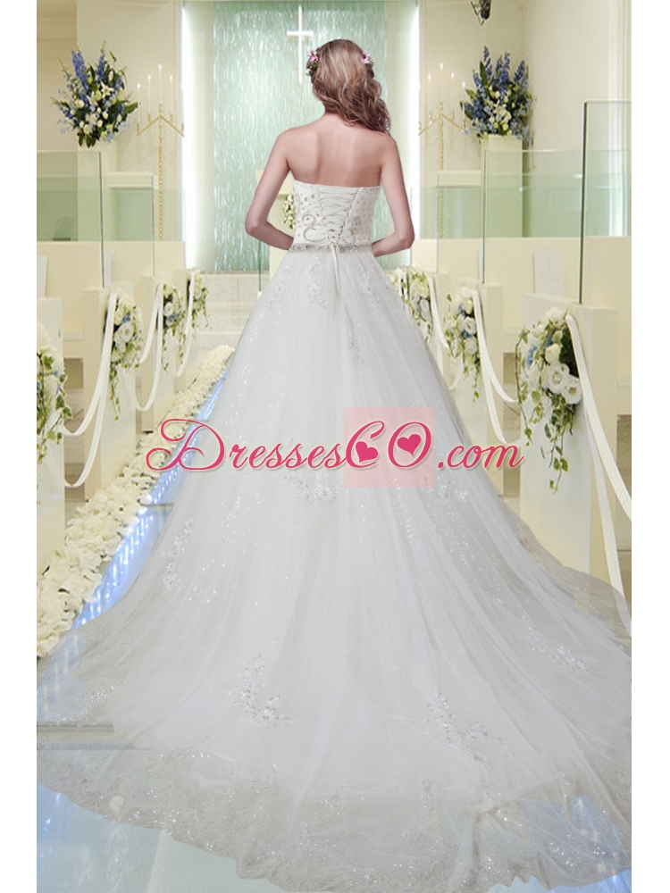 Discount Strapless Beading Wedding Dress with Chapel Train for