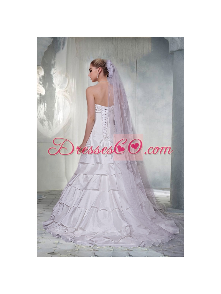 Gorgeous A Line Strapless Brush Train  Wedding Dress with Beading