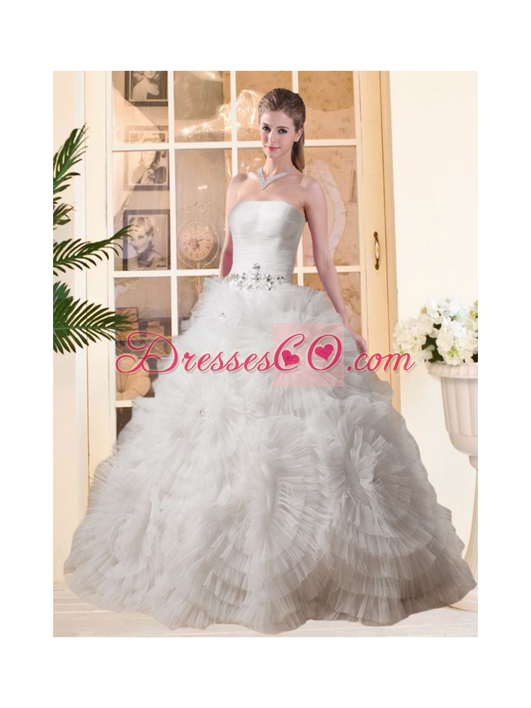 Most Popular Puffy Strapless Beading Wedding Dress with Floor-length