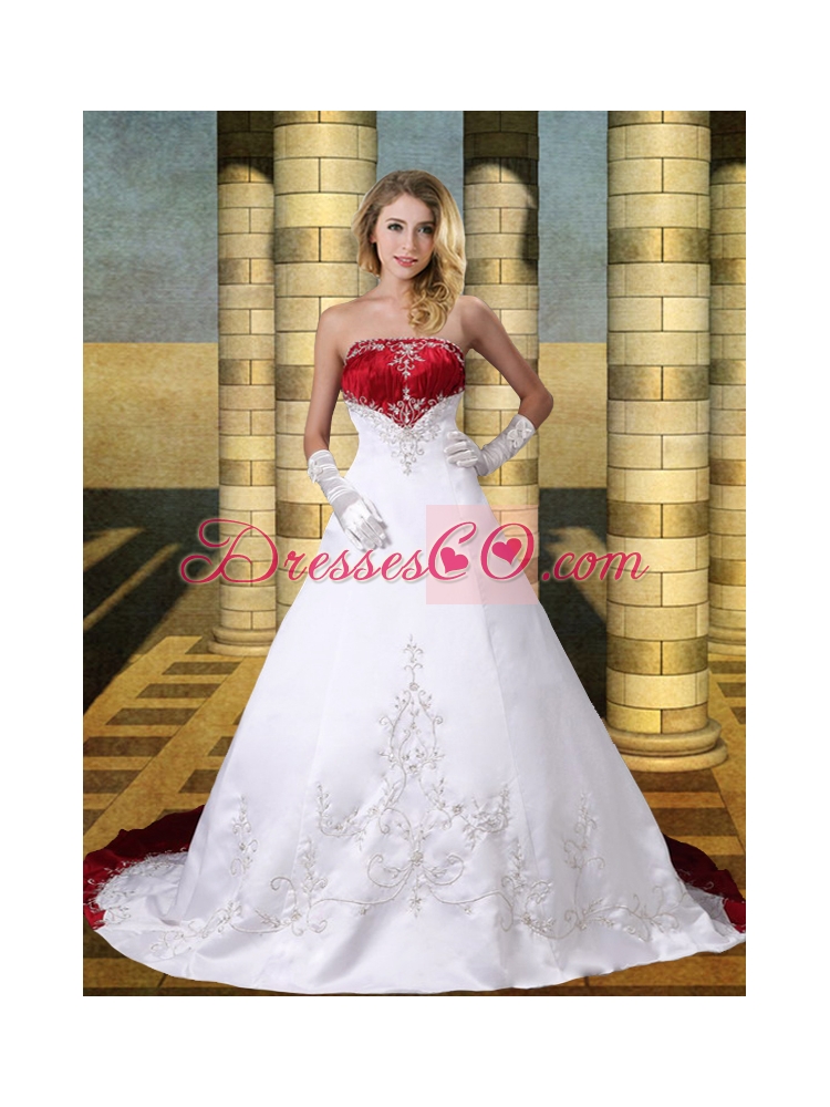 New Style A Line Strapless Chaple Train Wedding Dress with Embroidery