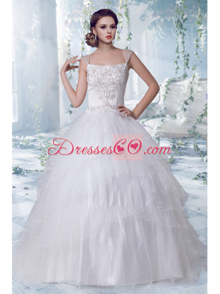 Puffy Court Train Square Embroidery  Wedding Dress with Cap Sleeves