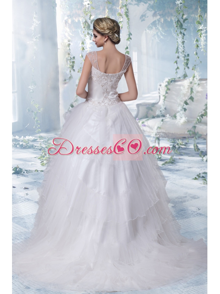 Puffy Court Train Square Embroidery  Wedding Dress with Cap Sleeves