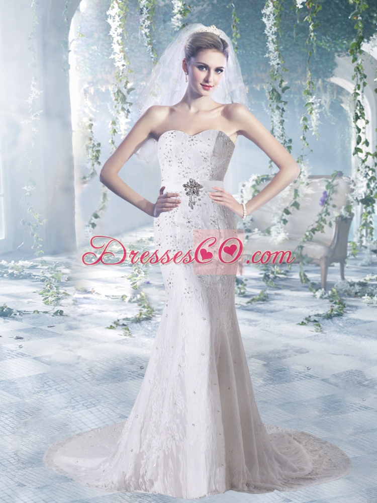 Lace and Elastic Woven Satin Court Train Sheath Wedding Gowns