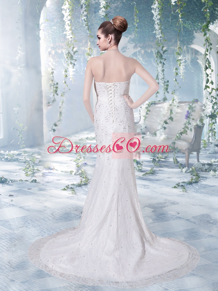 Lace and Elastic Woven Satin Court Train Sheath Wedding Gowns