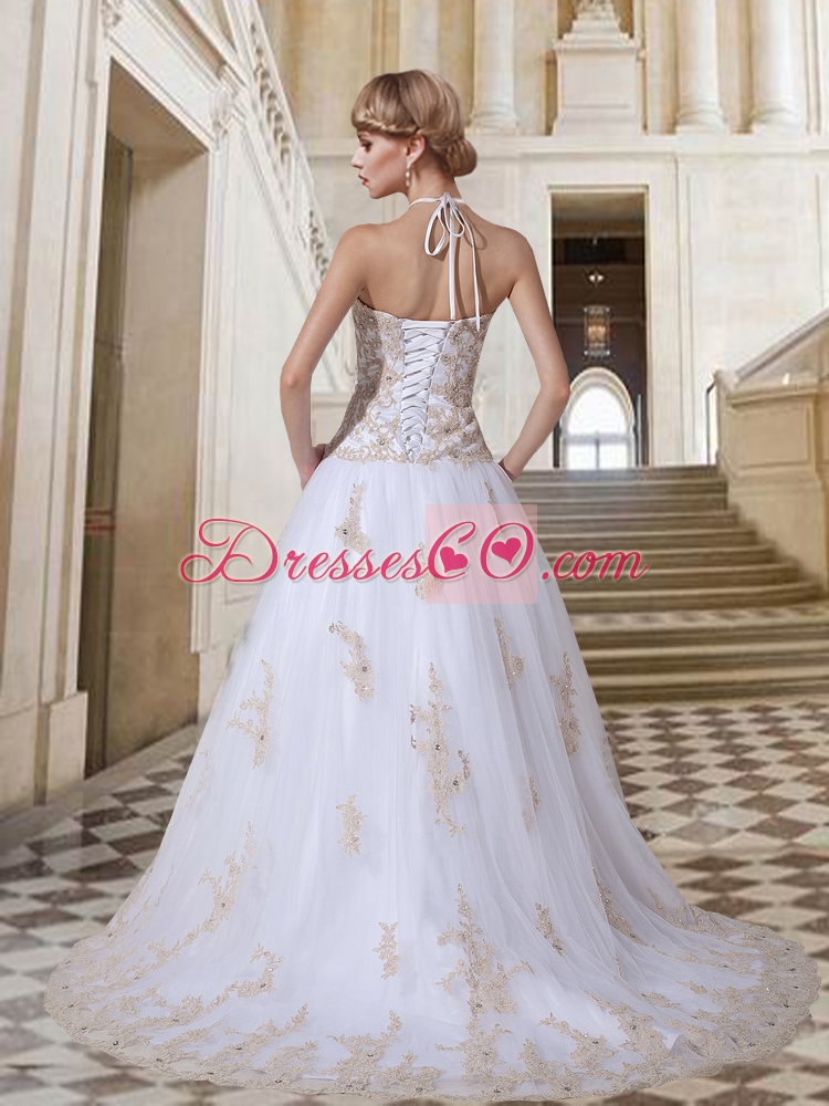 Tulle Ball Gown Halter Court Train Lace Up Appliques Exclusive Wedding Dress