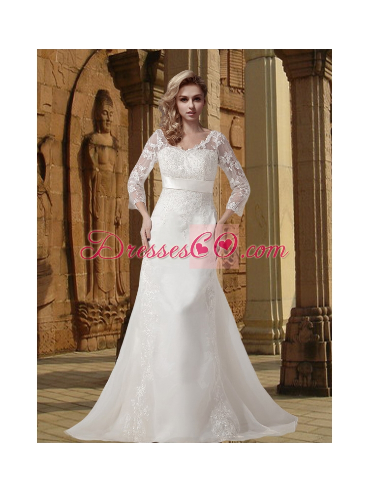 White A Line V Neck Court Train  Wedding Dress with 3/4 Sleeves
