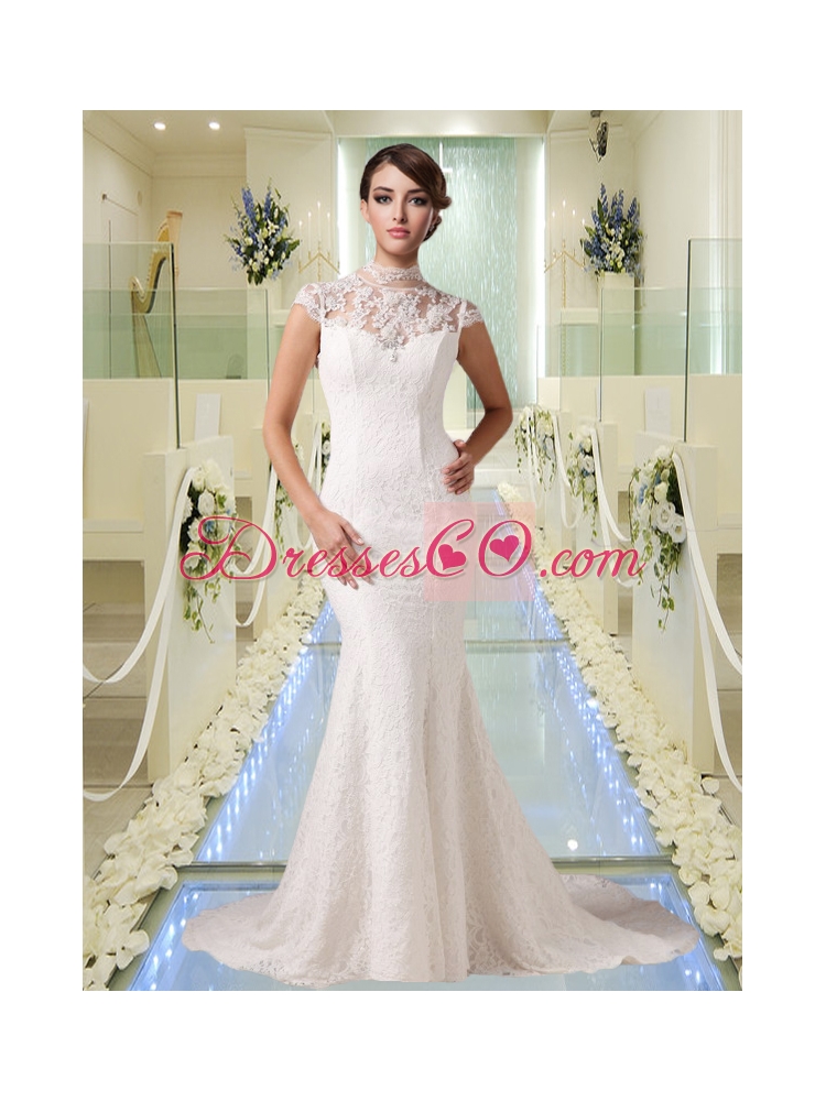 Elegant Mermaid High Neck Lace Wedding Dress with Short Sleeves