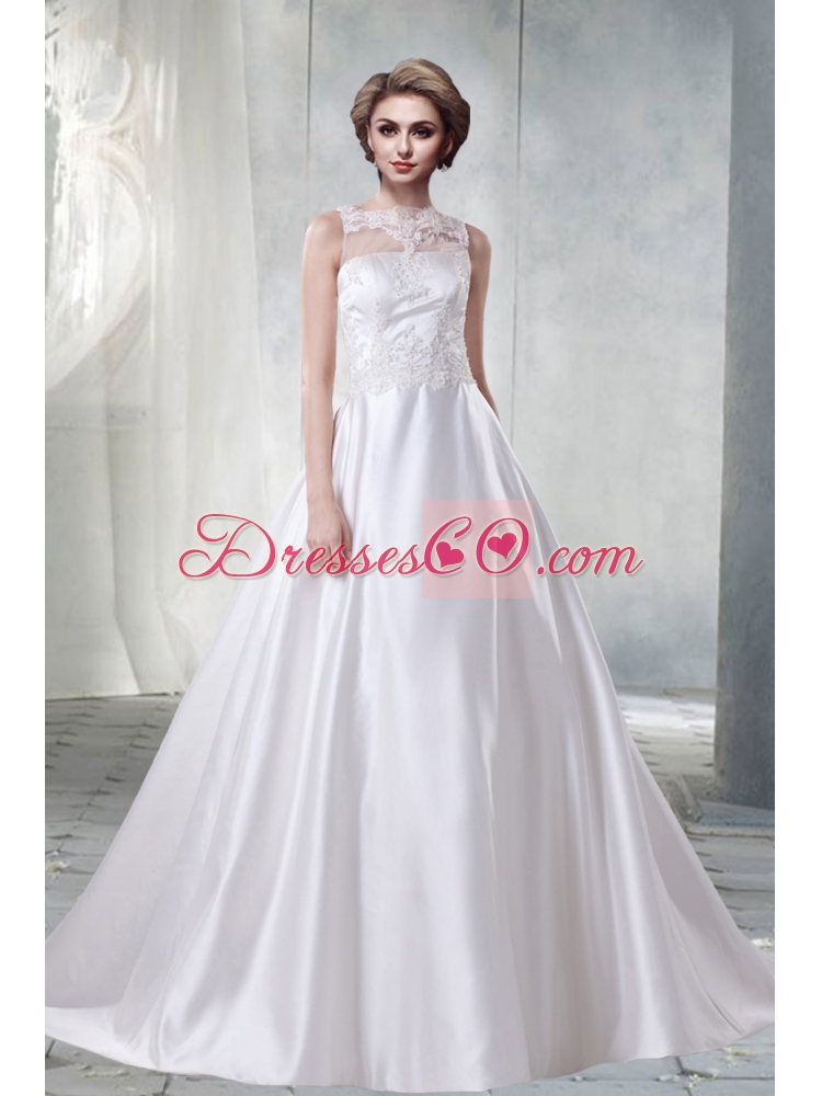 New Princess Bateau Lace Wedding Dress with Brush Train