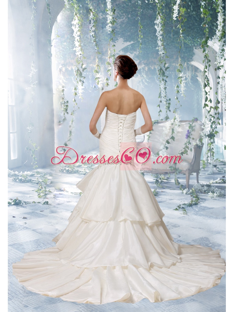 Mermaid Chapel Train Beading Ruffles Wedding Dress with Sweetheart