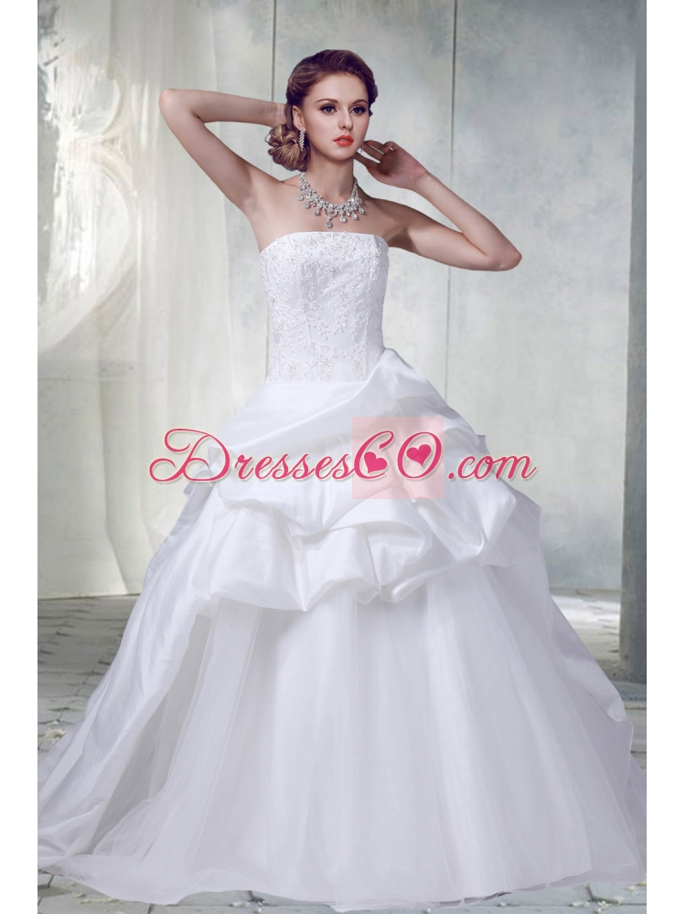 Cheap Princess Strapless Beading Wedding Dress with Appliques