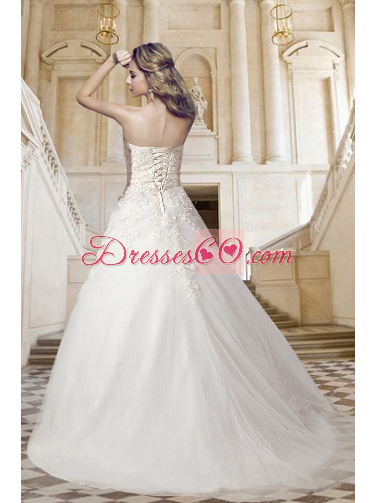 Classical Lace Strapless A Line Court Train Wedding Dress with Appliques