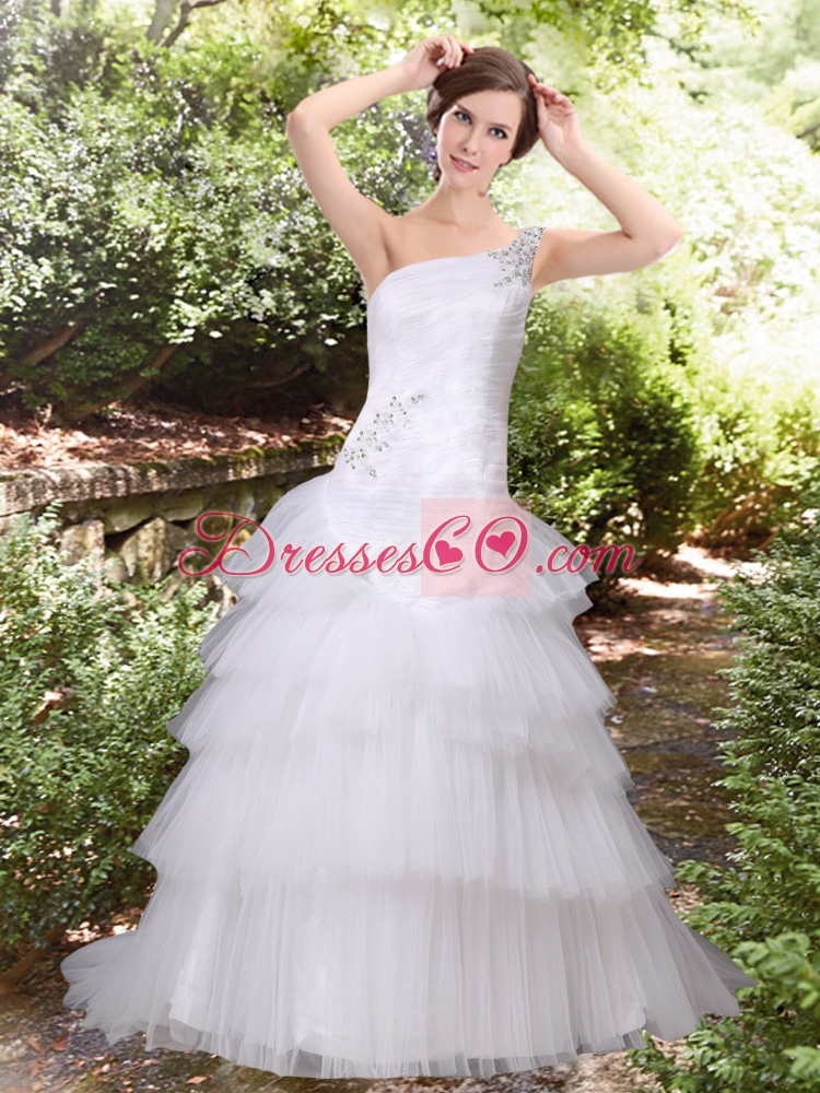 Discount Court Train Beading Wedding Dress with One Shoulder for